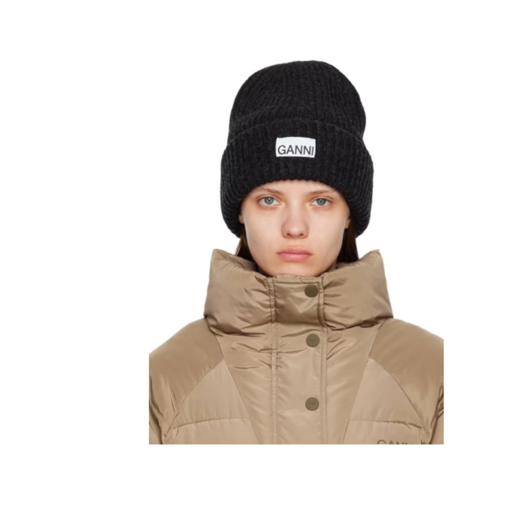 Ganni Charcoal Ribbed Beanie
